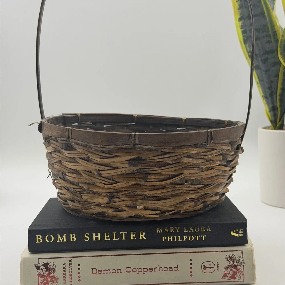 Vintage Woven Wood Round Basket with Tall Handle Brown Rustic Farmhouse Decor